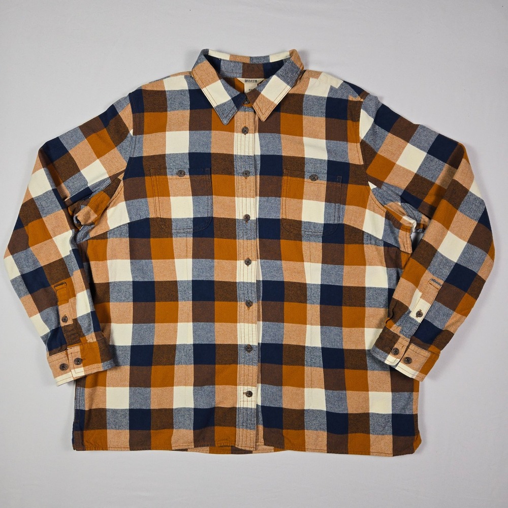 Duluth Trading Co Plaid Flannel Shirt Brown Blue Cotton XXL Long‎ Sleeve